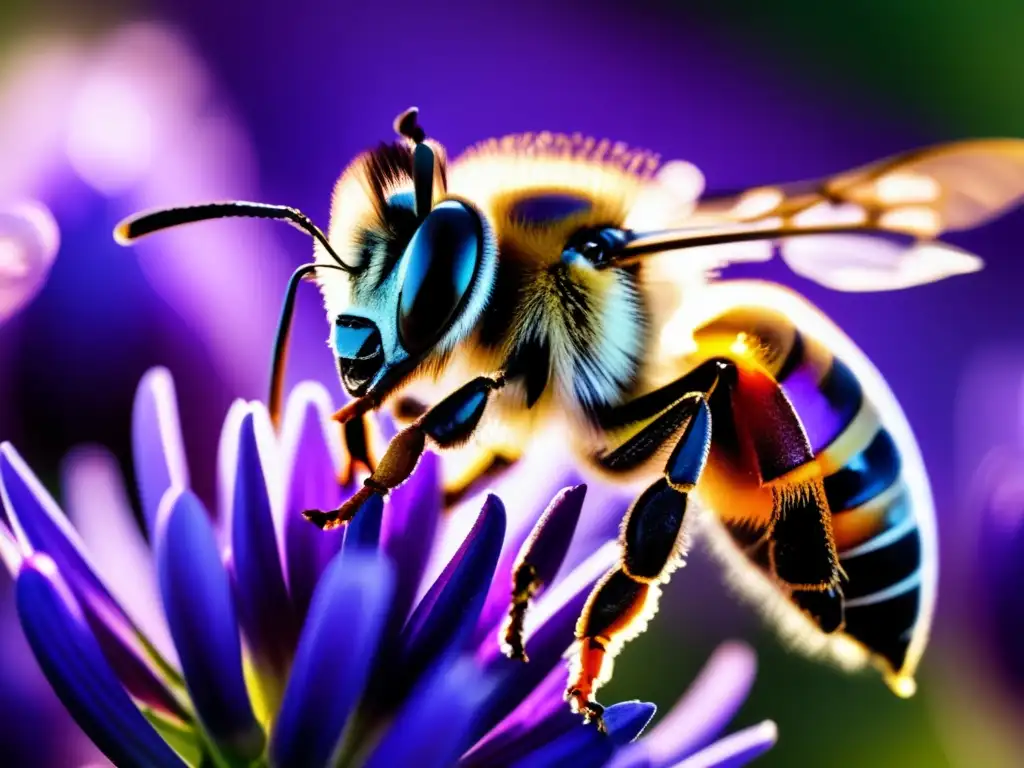 Abrazo de polen: Detalles asombrosos de una abeja sobre lavanda