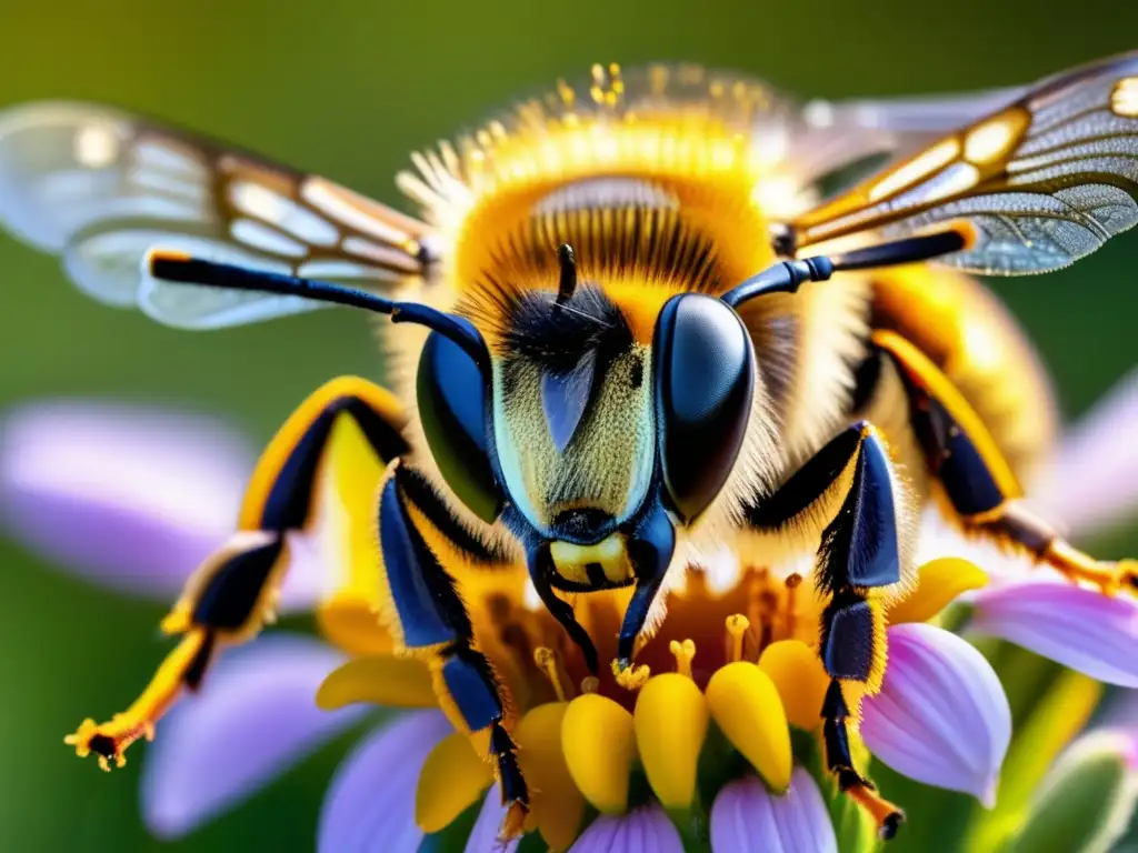 Una abeja cubierta de polen entre flores silvestres, resaltando la importancia de las abejas en la alimentación.