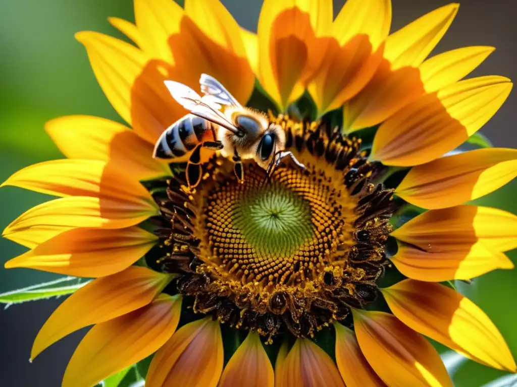 Una abeja recolecta polen de una brillante y vibrante flor de girasol. <b>Destacando la importancia de las abejas en la alimentación.