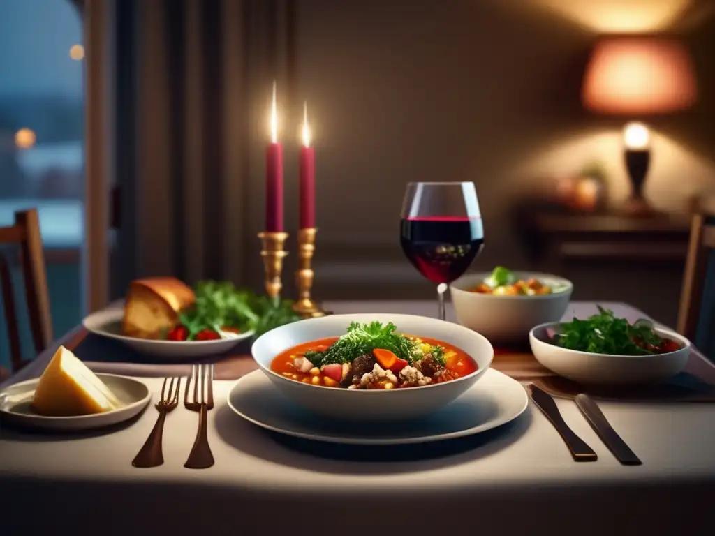 Un acogedor comedor con mesa elegante, ensalada colorida, sopa reconfortante y vino tinto, crea efectos de cenar tarde.