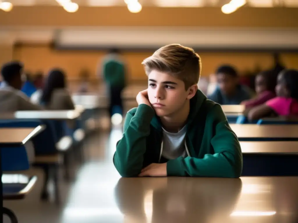 Un adolescente solitario en la cafetería escolar, rodeado de asientos vacíos, mirando su almuerzo con expresión preocupada. <b>La escena es sombría, transmitiendo aislamiento y angustia interna.</b> <b>Prevención desórdenes alimenticios adolescencia.