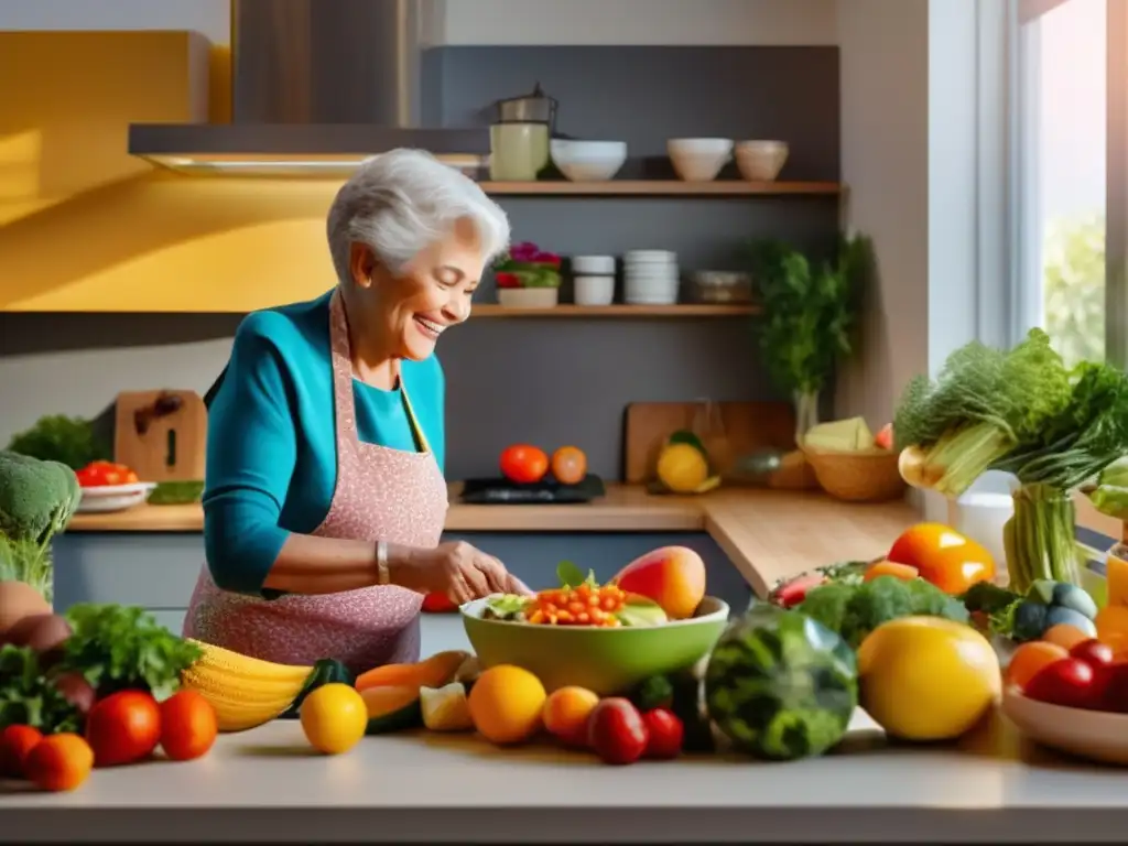 Un adulto mayor prepara una comida colorida y nutritiva en una cocina moderna y luminosa. <b>Alimentación saludable para adultos mayores.