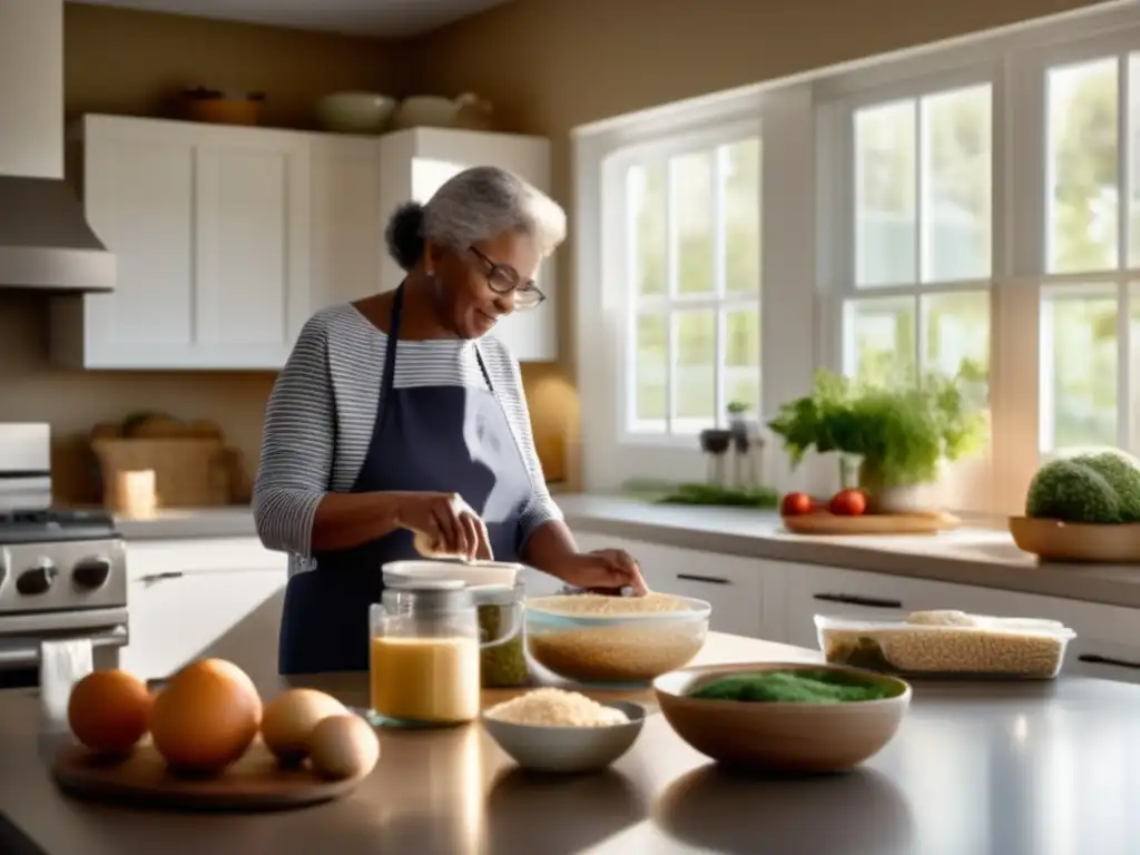 Un adulto mayor lee detenidamente los ingredientes de los alimentos en una cocina moderna y serena, con ingredientes frescos y libres de alérgenos. La luz natural crea una atmósfera acogedora y reconfortante, destacando la importancia de la alimentación adaptada para alergias alimentarias en adultos