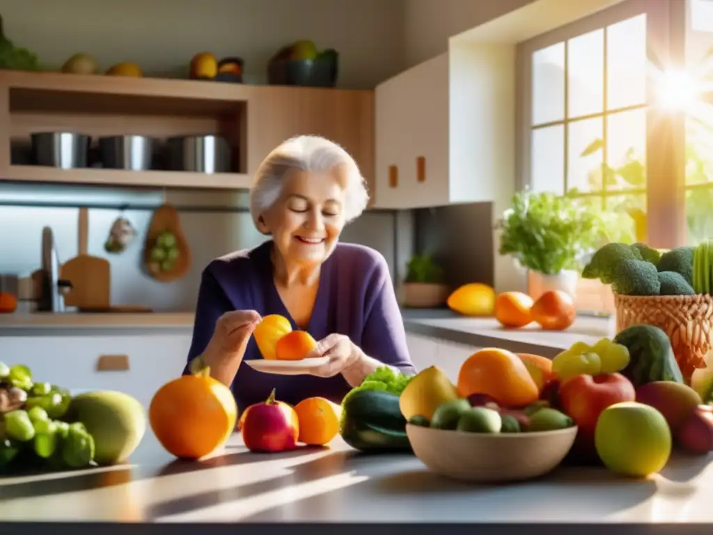 Un adulto mayor selecciona frutas y verduras en una cocina luminosa para suplementación vitamínica: fuentes naturales.