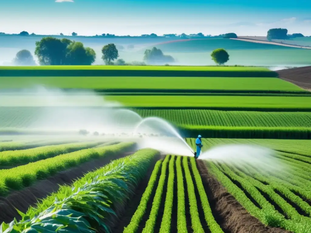 Un agricultor rocía pesticidas en un campo, causando impacto ambiental en la salud.