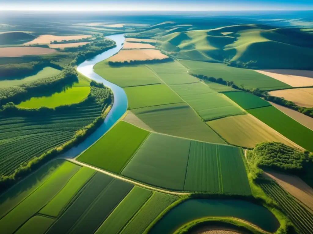 Paisaje agrícola sostenible con riego preciso y río serpenteante