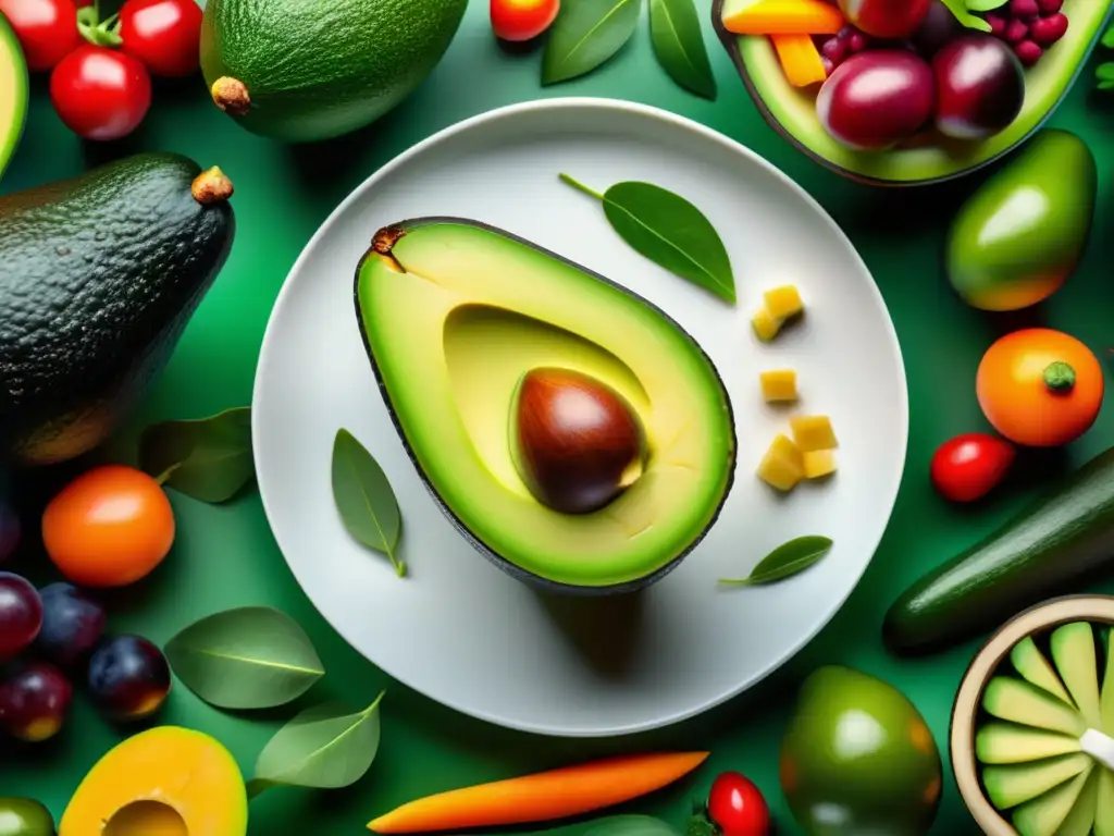 Un aguacate fresco y colorido rodeado de frutas y verduras, resaltando su textura y color. <b>Beneficios nutricionales del aguacate.