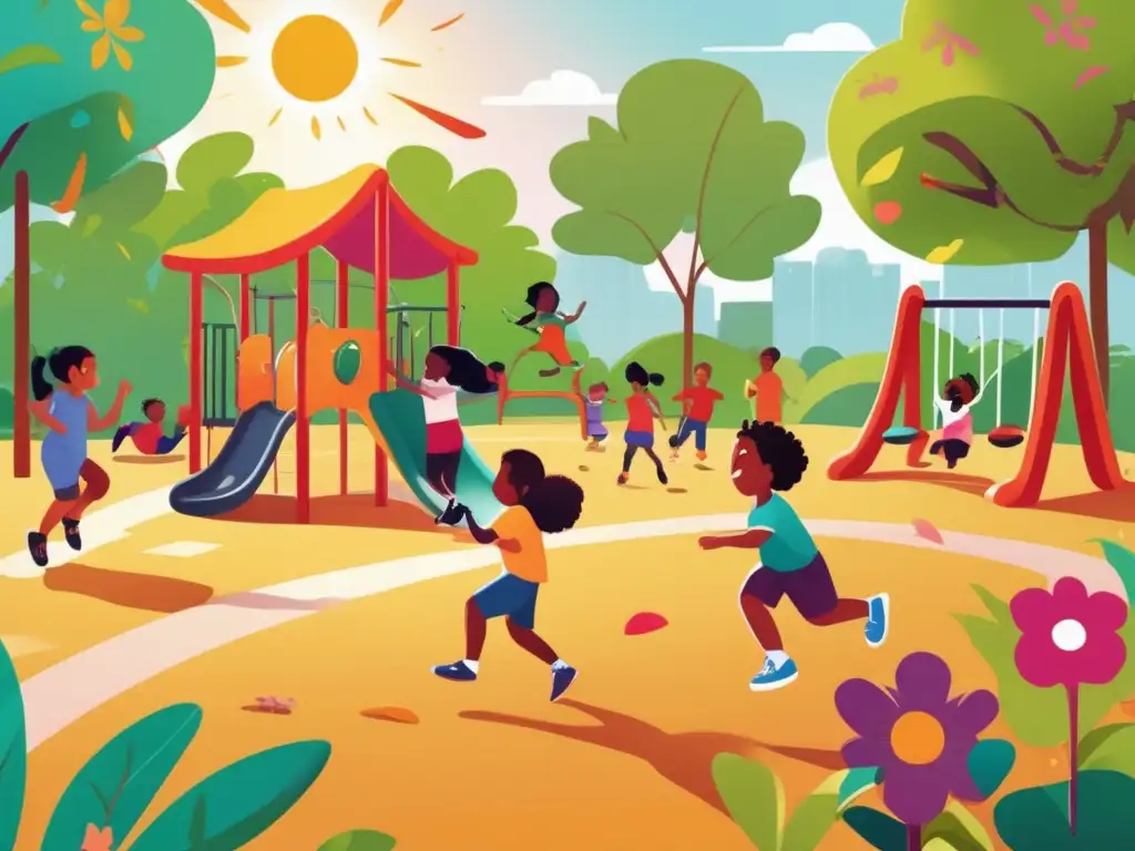 Un alegre grupo de niños disfruta de actividades físicas en un parque inclusivo y vibrante, rodeado de naturaleza exuberante. <b>El sol brilla sobre ellos, creando una atmósfera de alegría y vitalidad.</b> <b>Manejo de atracones en la infancia.