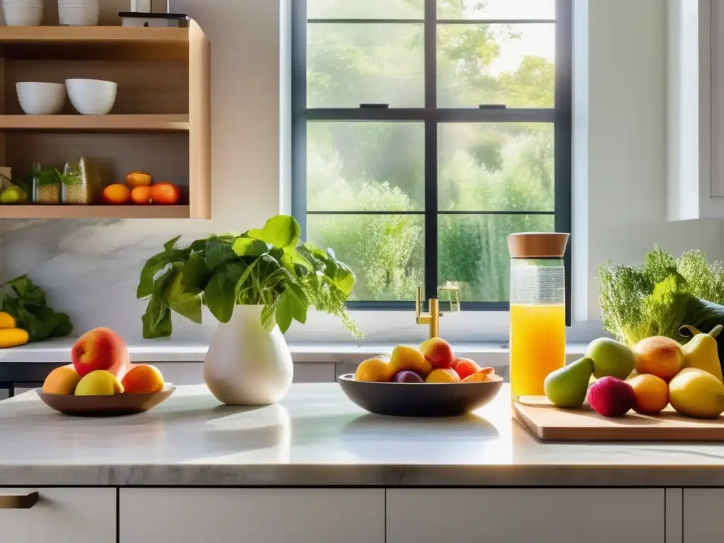 Un amanecer en la cocina: frutas, verduras y granos saludables en una encimera de mármol. <b>Beneficios ayuno intermitente salud.
