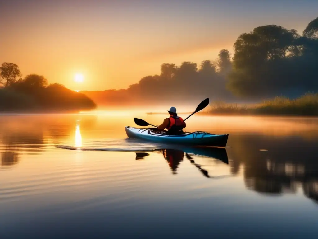 Un amanecer sereno en el río, un kayak surca el agua tranquila rodeado de neblina. <b>Los remos crean ondas perfectas, la luz del amanecer añade calidez a la escena.</b> <b>Captura la esencia del remo.</b> 'Plan nutricional para deportistas de remo'