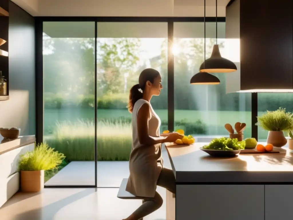 Un ambiente de cocina moderna y serena con luz natural, ingredientes frescos y una persona practicando técnicas mindfulness trastornos alimentarios.