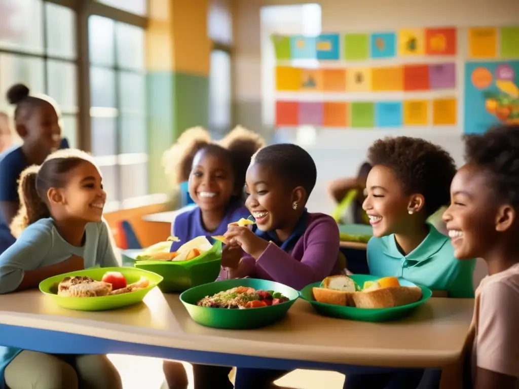 Un ambiente escolar acogedor con niños disfrutando de comidas balanceadas y conversaciones animadas. <b>Evaluación nutricional en escuelas.