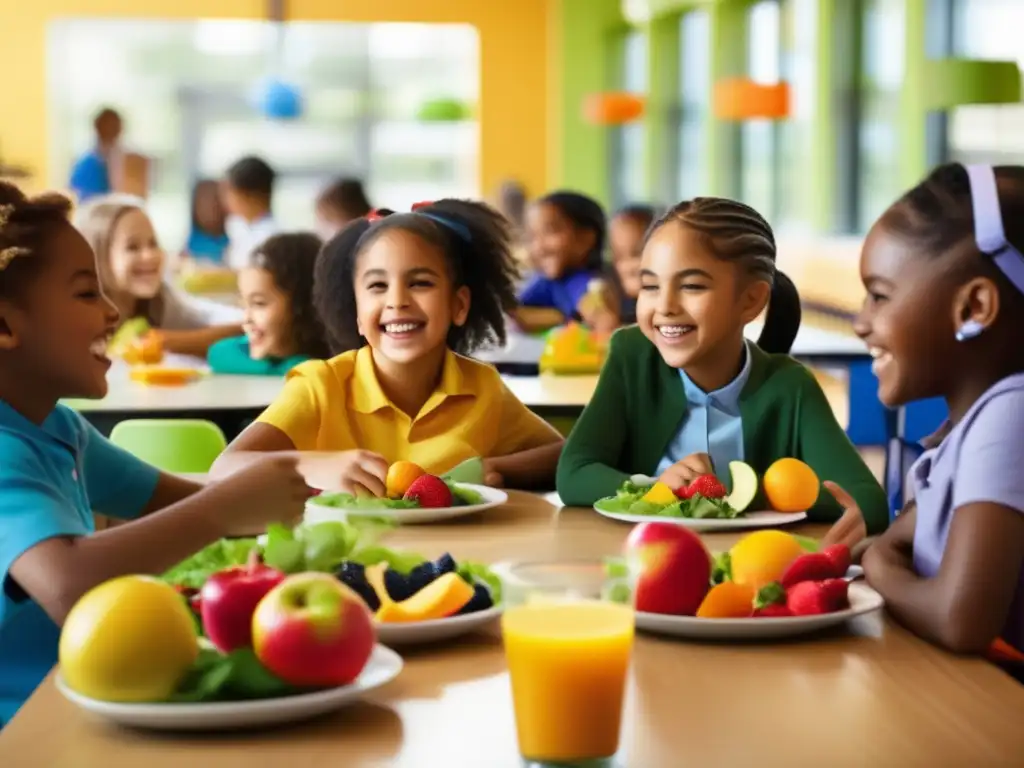 Un ambiente escolar inclusivo y acogedor donde los niños disfrutan de comidas saludables, promoviendo hábitos nutricionales en escuelas.