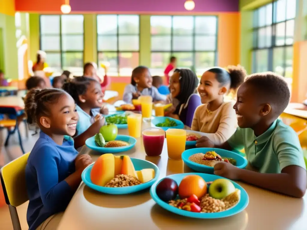 Un ambiente escolar inclusivo y acogedor, donde los niños comparten un menú saludable en el comedor escolar implementar.