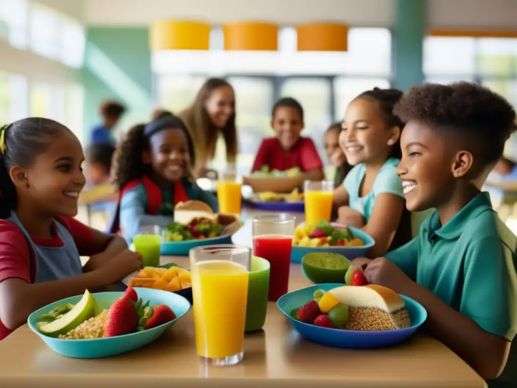 Un ambiente escolar vibrante y saludable donde niños disfrutan de una comida nutritiva juntos. <b>Evaluación nutricional en escuelas.