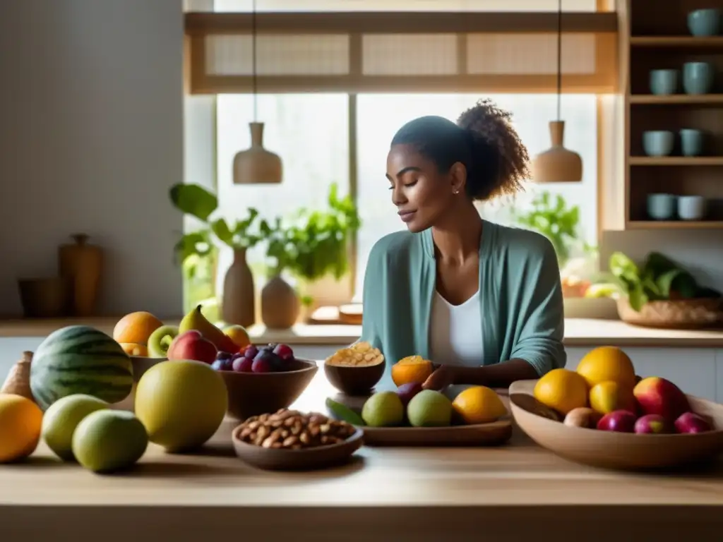 Un ambiente sereno de cocina con elementos para una comida consciente. <b>Luz natural ilumina frutas, frutos secos y granos.</b> <b>Persona practica técnicas mindfulness trastornos alimentarios.