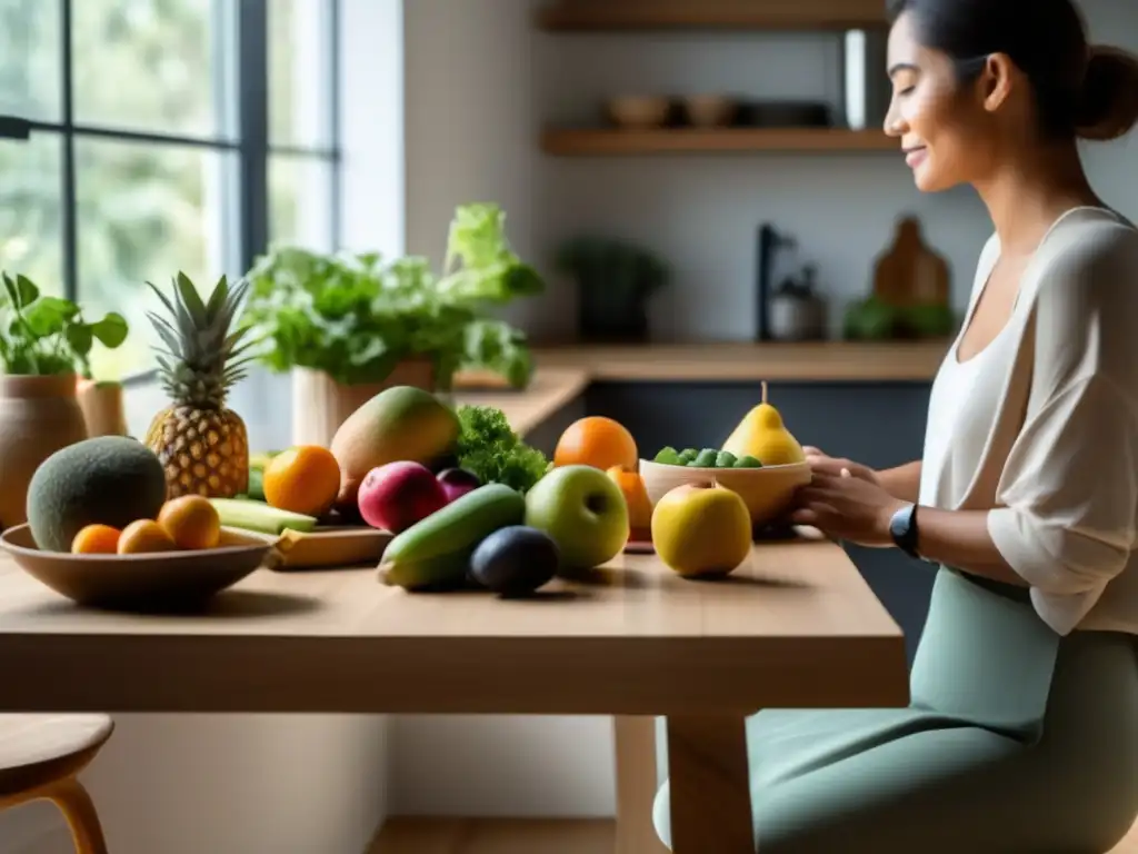 Un ambiente sereno en la cocina con una mesa de madera lista para la reducción de ansiedad alimentaria con mindfulness.