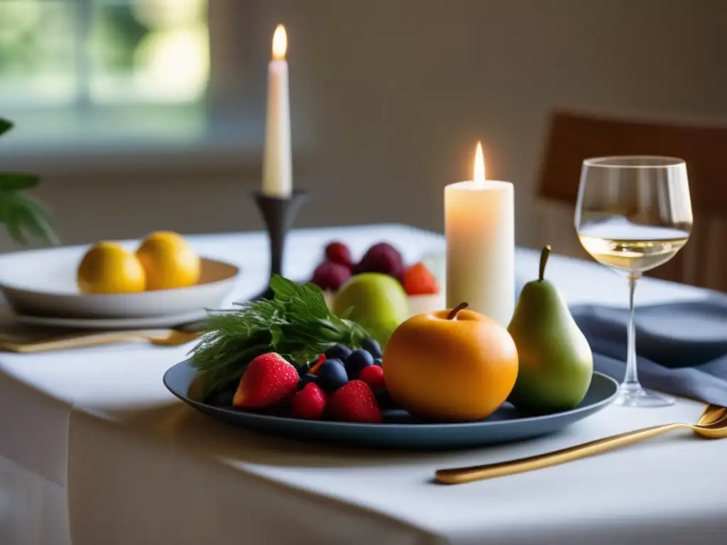 Un ambiente sereno y contemplativo en una mesa de comedor moderna, con una vela encendida en el centro y una cuidadosa disposición de frutas y verduras. <b>Ritual de comer con mindfulness.