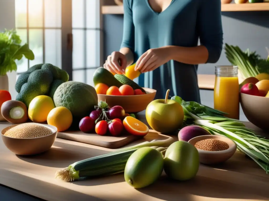 Un ambiente sereno y moderno en la cocina con una mesa de madera grande preparada con una colorida variedad de frutas, verduras y granos enteros. <b>La luz del sol entra por la ventana, creando un cálido y acogedor brillo sobre la distribución saludable y vibrante.</b> Se ven las manos de una persona coloc