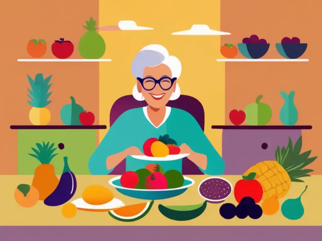 Un anciano disfruta una comida consciente y nutritiva en una ilustración vibrante, mejorando la relación comida vejez.