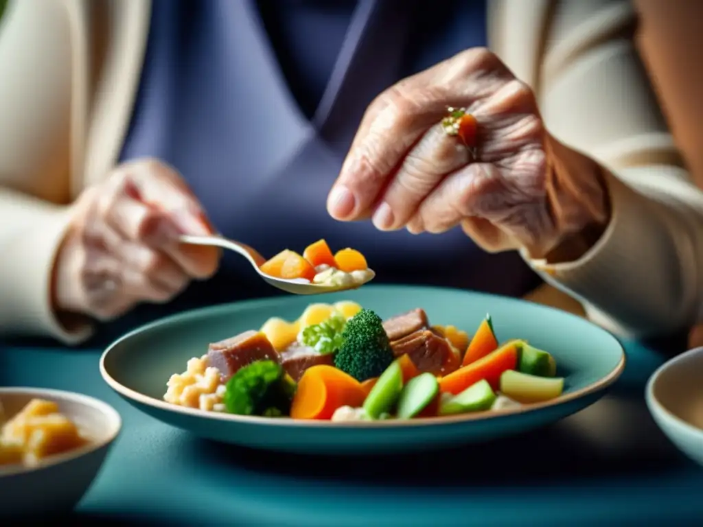 Un anciano disfruta de una comida suave y colorida, saboreando cada bocado con expresión de satisfacción. <b>Dieta adaptada dificultades tercera edad.