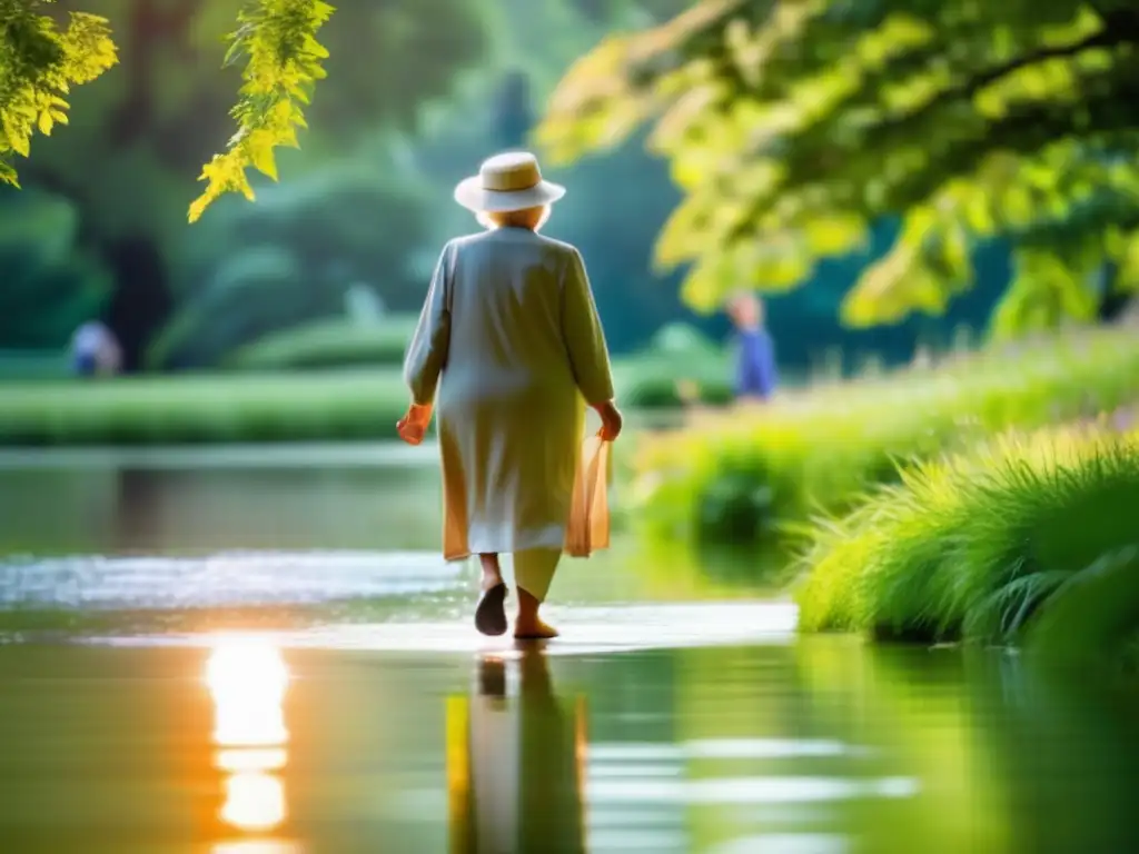 Un anciano disfruta de un energizante paseo en un parque verde y soleado, transmitiendo vitalidad y bienestar para prevenir enfermedades cardiovasculares en la tercera edad.