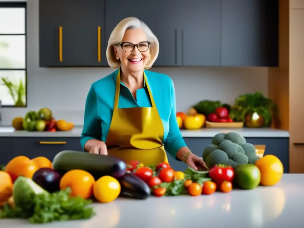 Un anciano prepara frutas y verduras en una cocina moderna y luminosa, reflejando la importancia de la alimentación saludable para adultos mayores.