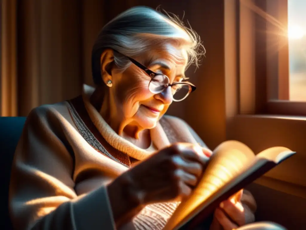 Un anciano lee un libro junto a la ventana, con expresión de satisfacción, mientras la luz del sol ilumina las páginas y sus lentes. <b>Suplementos para mejorar la visión en mayores.