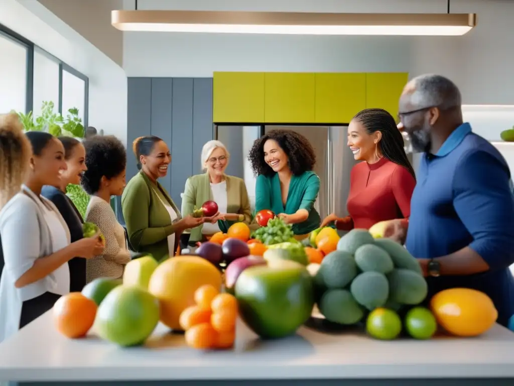 Una animada clase de nutrición en una cocina moderna. Participantes de todas las edades y orígenes aprenden sobre vida saludable.