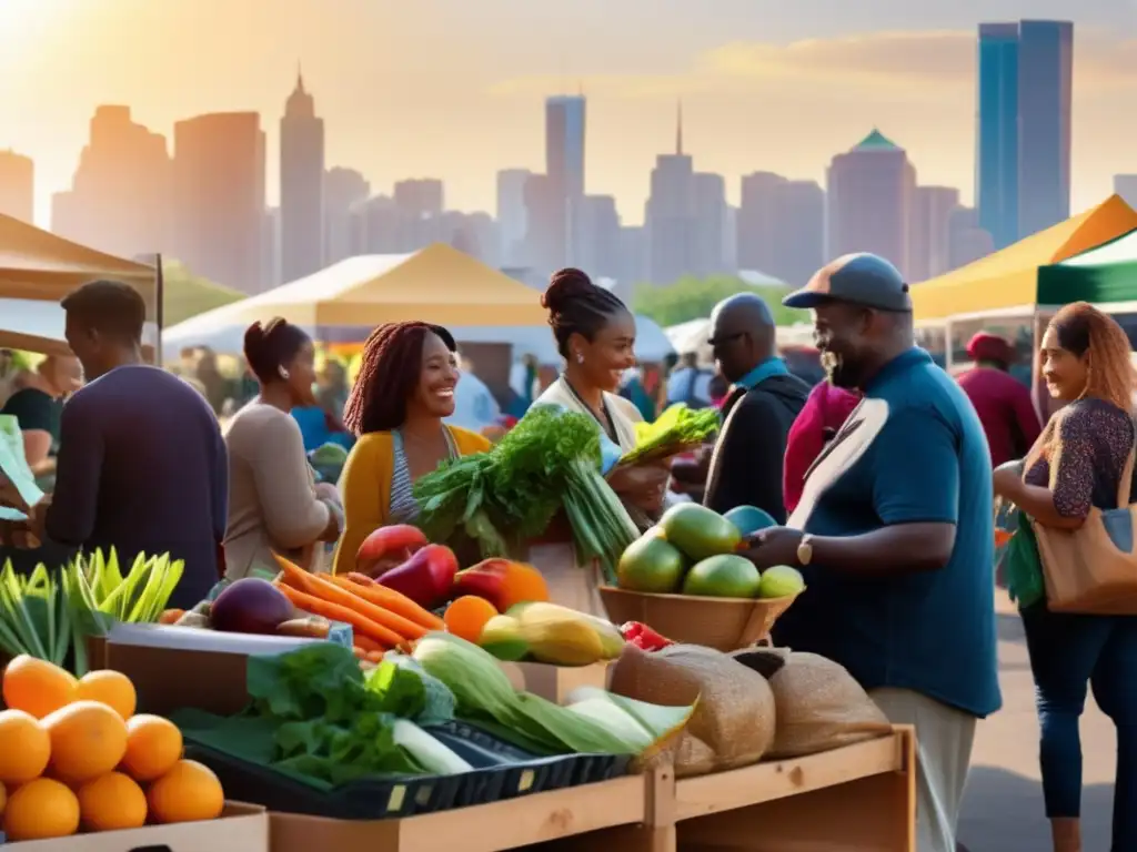 Mercado de Agricultores: Vida urbana sostenible Una animada feria de agricultores con puestos de colores, productos orgánicos y bienes artesanales, en contraste con el horizonte de la ciudad. <b>La luz dorada del sol resalta la actividad bulliciosa de compradores y vendedores, creando un ambiente de vitalidad y conexión comunitaria.</b> En primer
