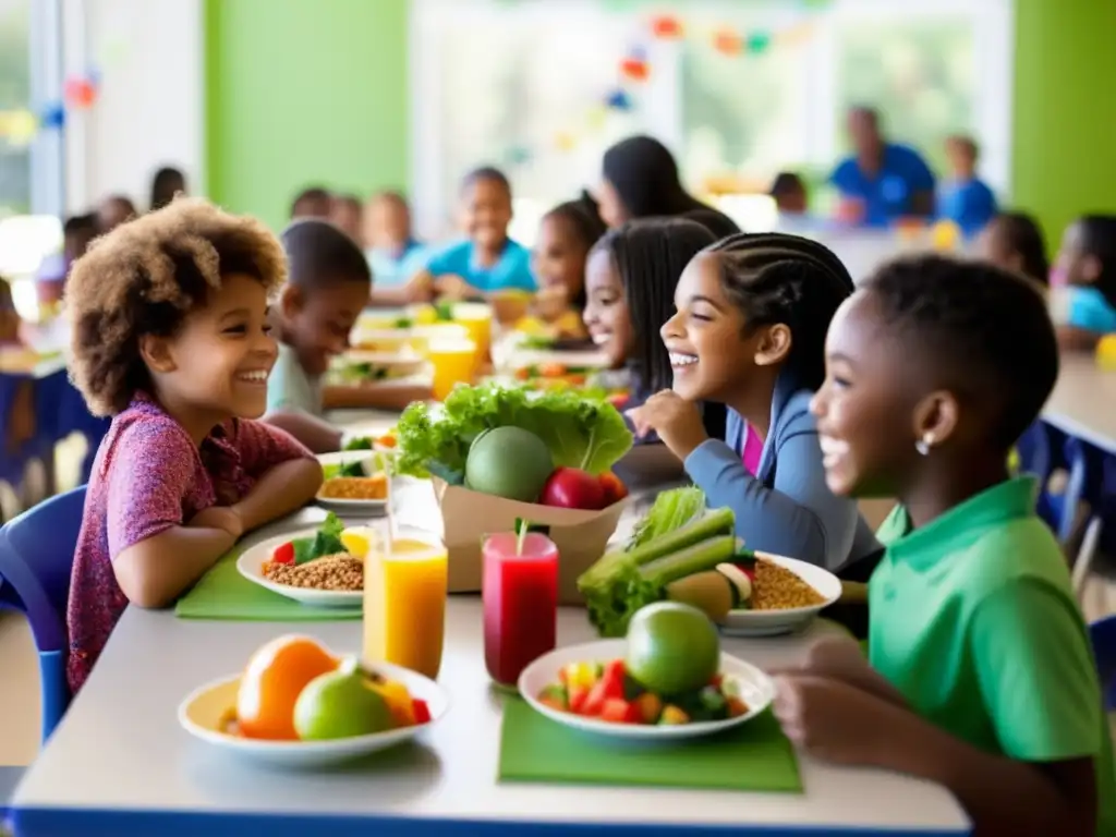 Un animado comedor escolar con niños disfrutando de una comida saludable y colorida. <b>Promoviendo la alimentación saludable en comedores escolares.
