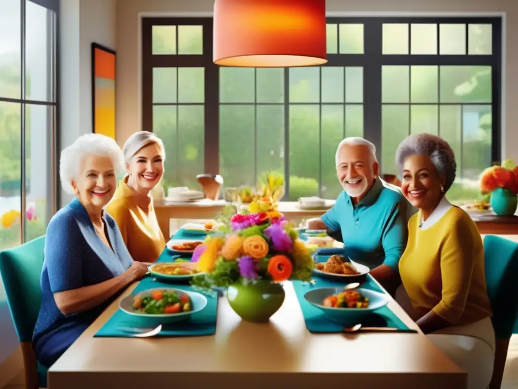 Un animado comedor moderno con luz natural, una mesa con platos coloridos, flores frescas y un grupo diverso de personas mayores sonrientes disfrutando de una comida juntos, fomentando el apetito en personas mayores.