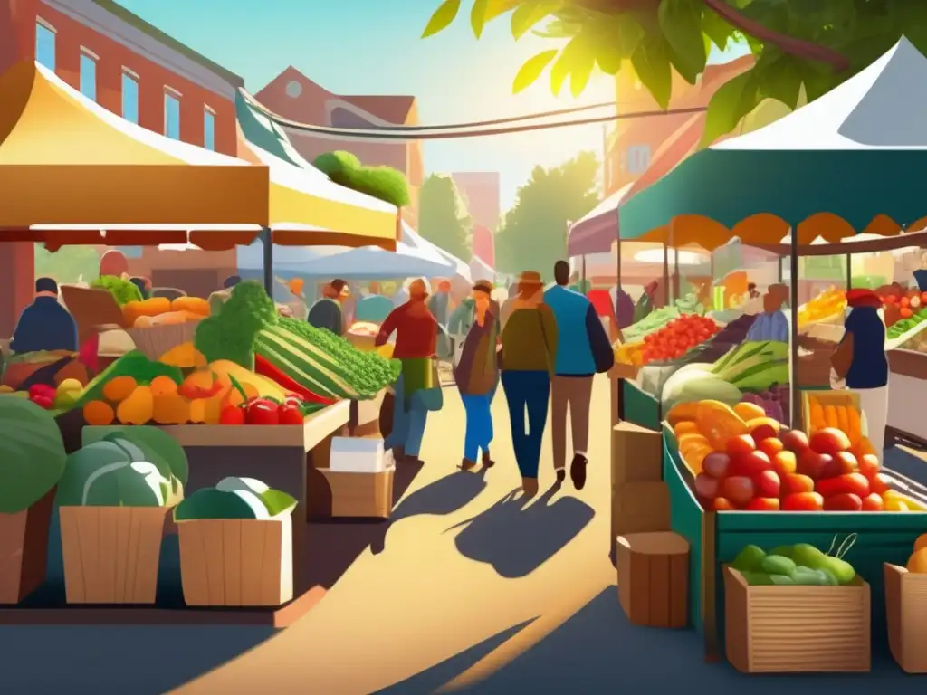 Mercado agrícola vibrante con frutas y verduras frescas
