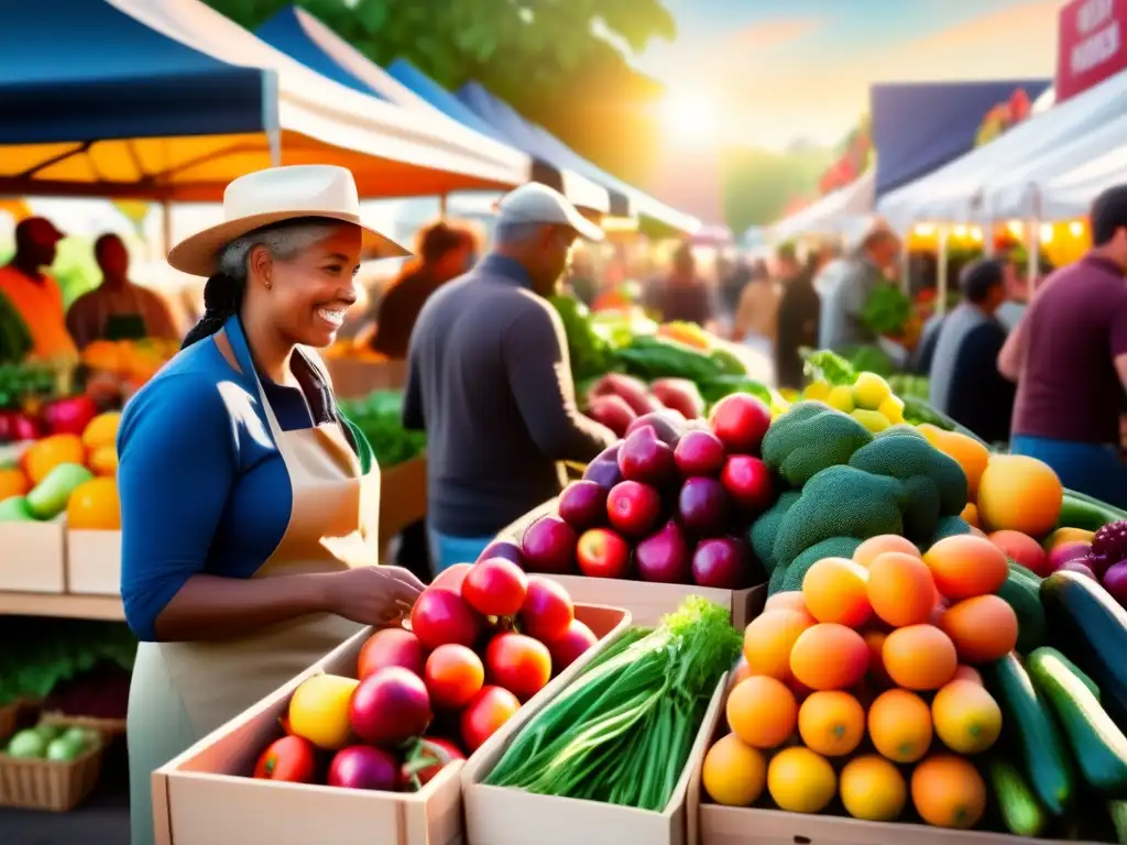 Mercado agrícola animado con frutas y verduras frescas