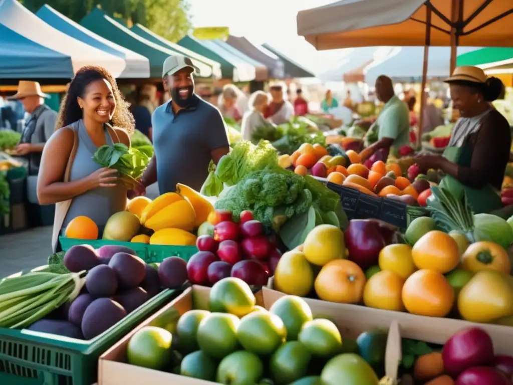 Un animado mercado de agricultores con diversidad de personas comprando productos frescos, reflejando una atmósfera de comunidad y vida saludable, ofreciendo consejos para aplicar Guías Alimentarias.