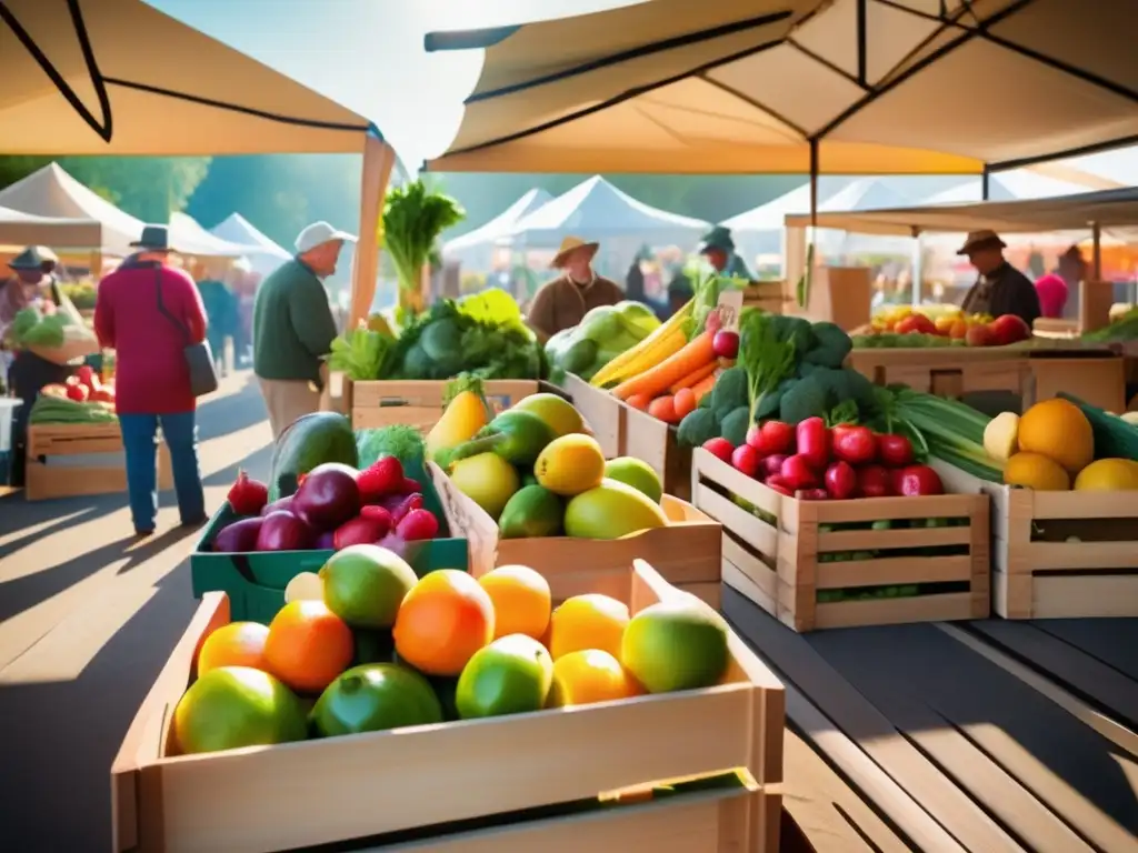 Un animado mercado de agricultores con frutas y verduras orgánicas. <b>Clientes y granjeros crean un ambiente saludable.