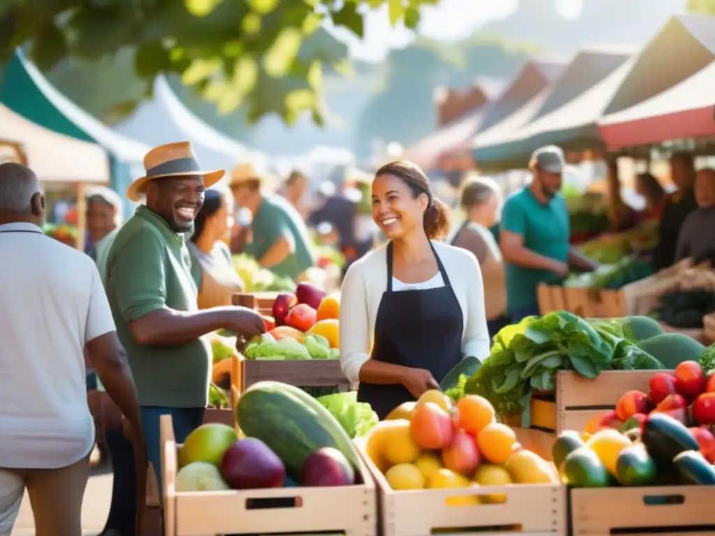 Mercado orgánico: colores, comunidad y sostenibilidad Un animado mercado de agricultores rebosante de actividad y coloridas frutas y verduras orgánicas. La luz del sol ilumina el escenario, transmitiendo una cálida sensación de comunidad y sostenibilidad. Compradores felices llenan bolsas reutilizables con productos frescos y sostenibles mientras los vended