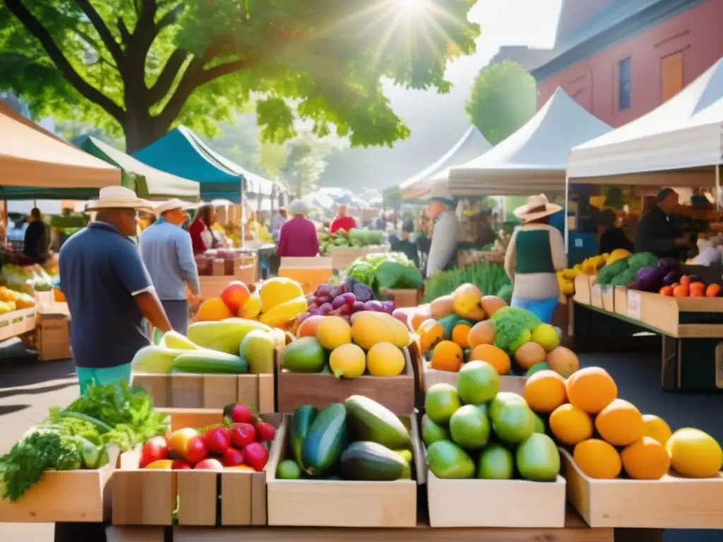 Un animado mercado con alimentos kilómetro cero beneficia a la comunidad, con productos coloridos y una atmósfera de comunidad y sostenibilidad.