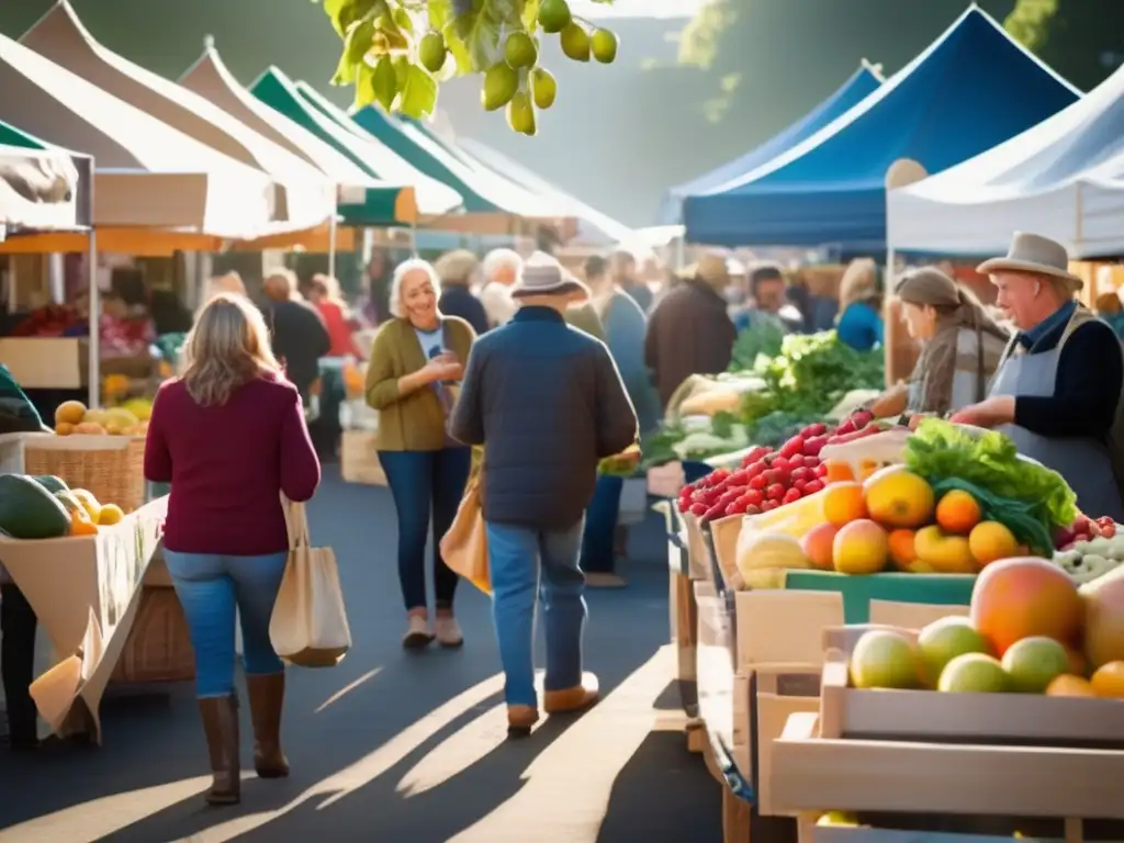 Un animado mercado de granjeros con puestos rebosantes de frutas y verduras orgánicas. <b>Los agricultores sonríen mientras interactúan con los clientes, creando una atmósfera acogedora.</b> <b>La multitud diversa disfruta del ambiente animado.</b> Se muestra un letrero con las ofertas del día