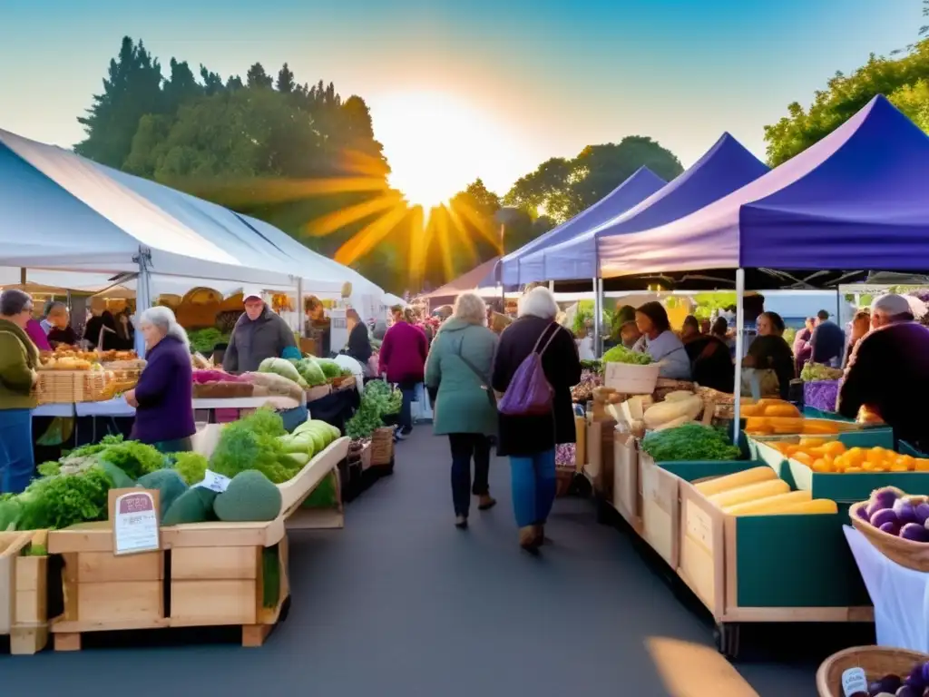 Un animado mercado con productos frescos y coloridos, donde la gente disfruta de la comida saludable. Dieta slow food para vida saludable.