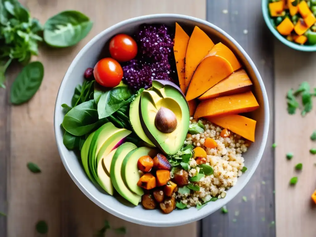 Un apetitoso y colorido Buddha bowl, con ingredientes nutritivos y frescos, iluminado por la luz natural. <b>Recetas para vida saludable emocional.