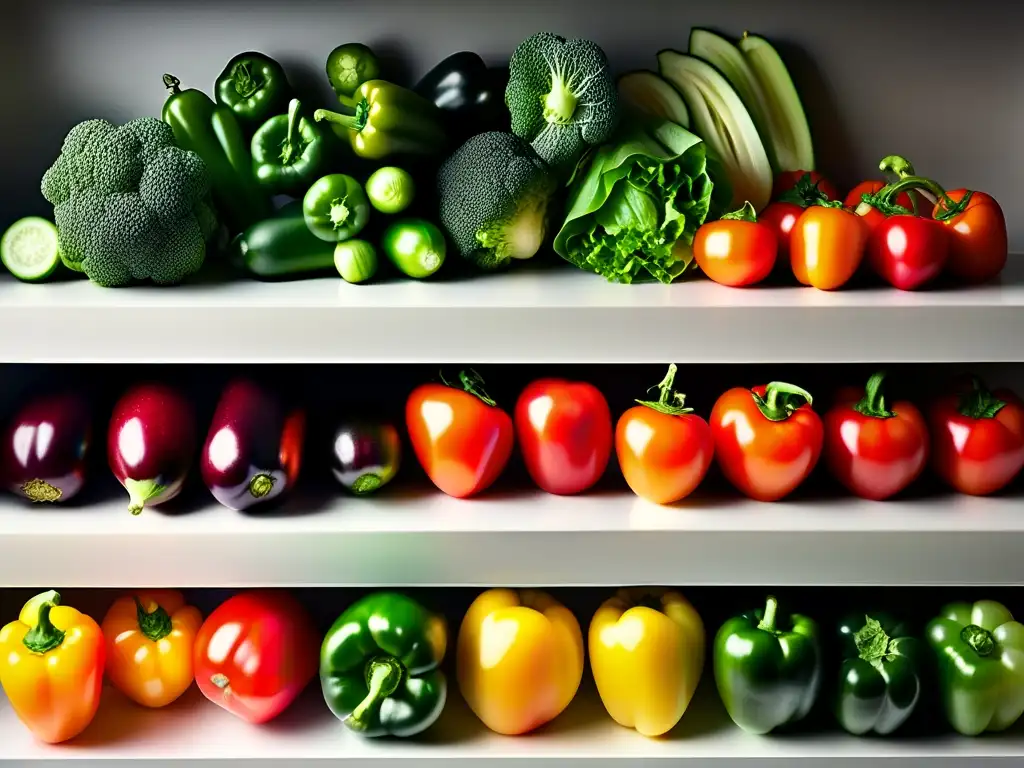 Un arcoíris de verduras frescas en encimera moderna. <b>Resalta vitalidad y salud, ideal para beneficios dieta baja en sal.