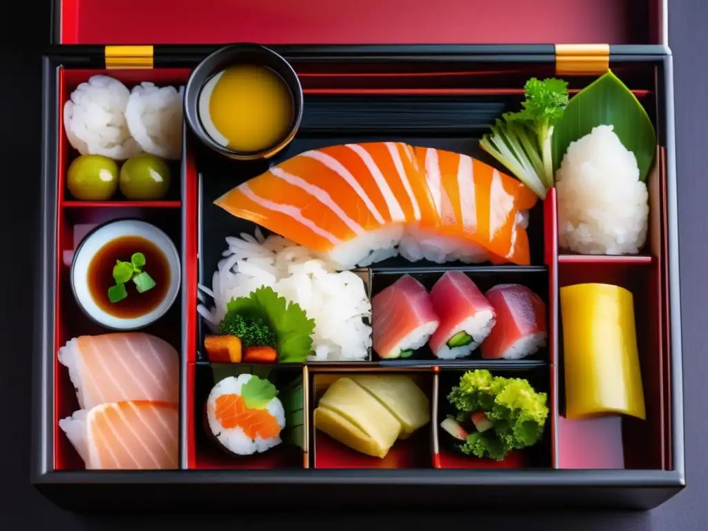 Disfruta de la armonía y elegancia de una exquisita cocina japonesa, platos nutritivos presentados con meticulosidad en un bento box.