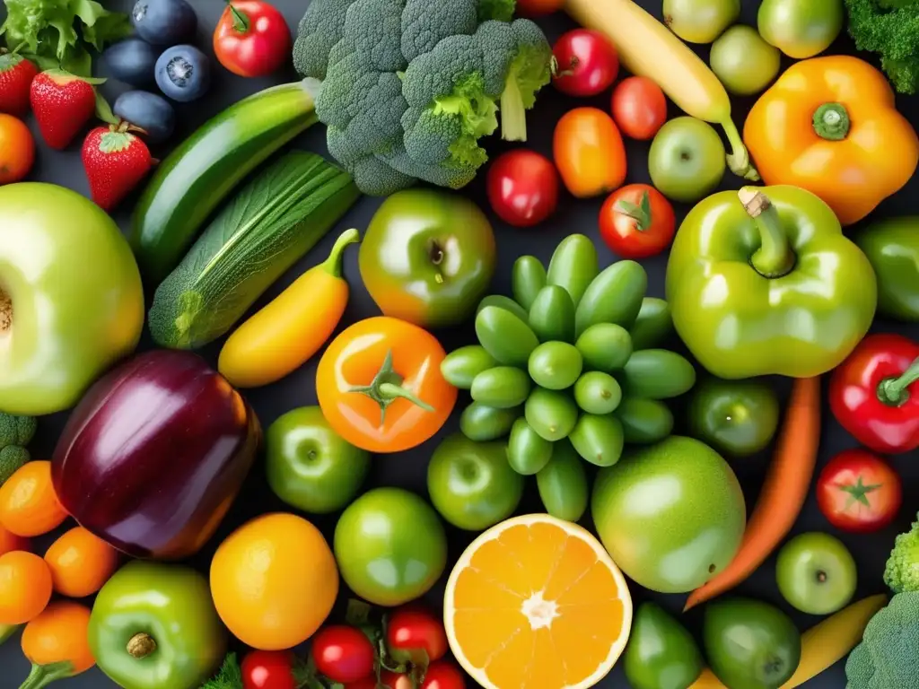 Una armoniosa composición de frutas y verduras frescas, resplandeciendo vitalidad y color, evocando la relación entre comida y emociones en niños.