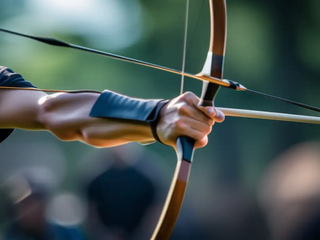 Un arquero profesional concentra su fuerza y enfoque para lanzar la flecha. <b>Nutrición especializada para arqueros.