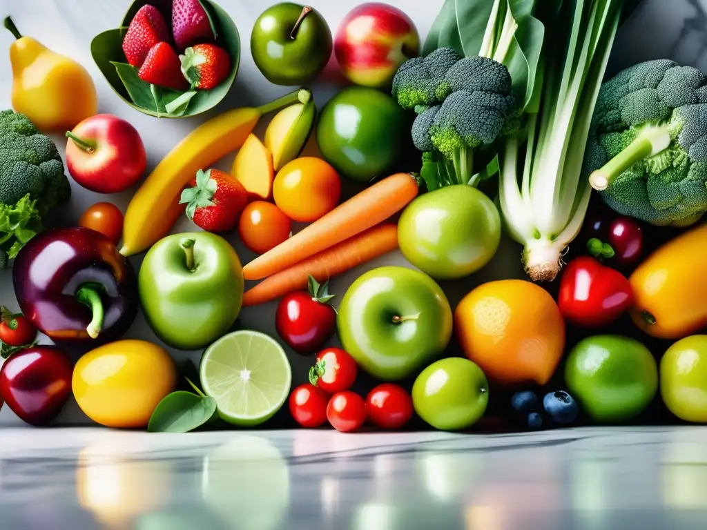 Un arreglo vibrante de frutas y verduras frescas en un patrón moderno sobre una encimera de mármol blanco, evocando avances en alimentos funcionales.