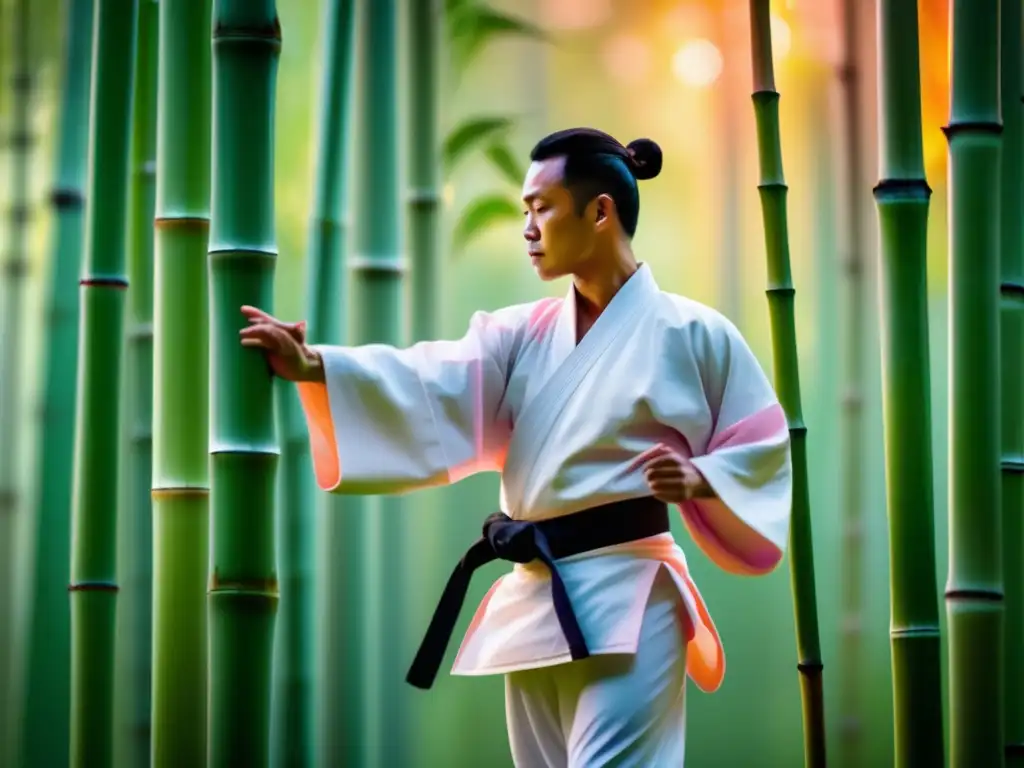 Un artista marcial en kimono blanco en un bosque de bambú al atardecer, mostrando fuerza y tranquilidad. <b>Nutrición deportes combate artes marciales.