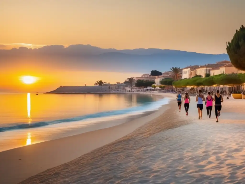 Un atardecer sereno en una playa mediterránea con gente haciendo ejercicio. <b>Actividad física y dieta mediterránea en armonía.