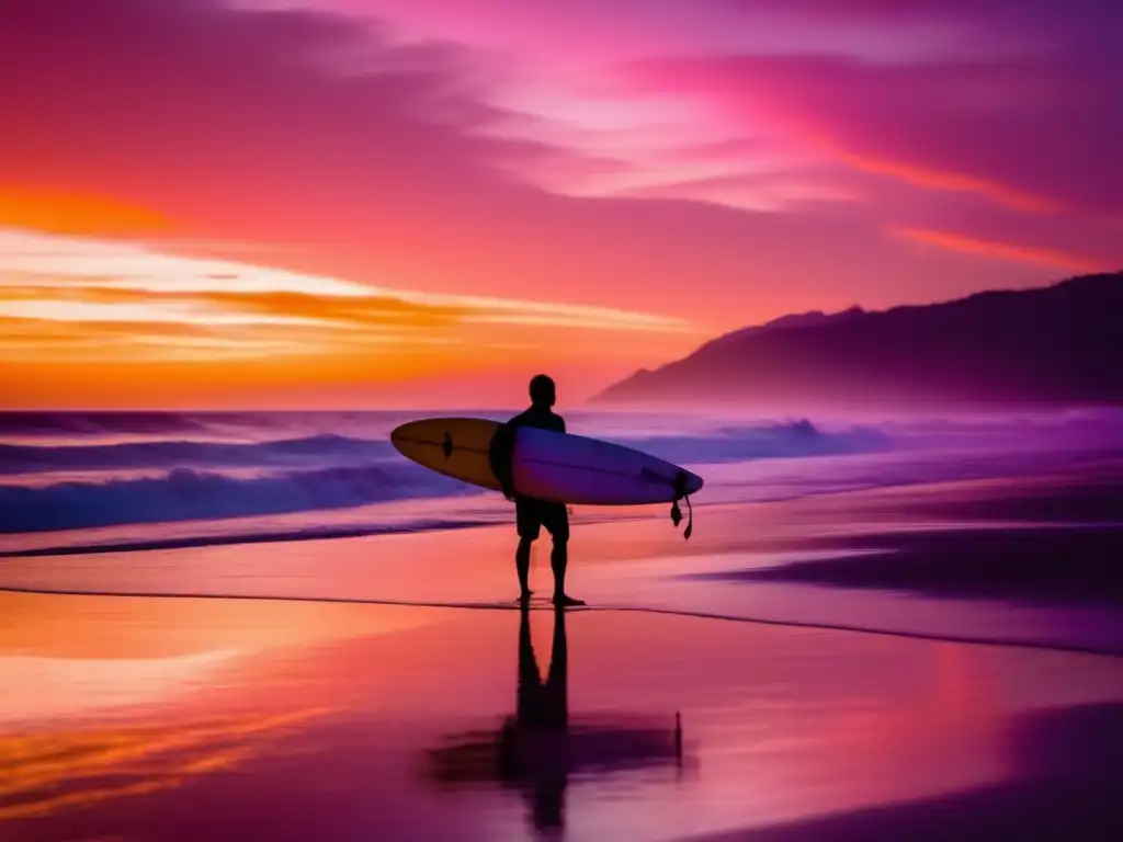 Un atardecer vibrante en la playa con un surfista contemplando el horizonte. <b>Nutrición para surfistas y deportes acuáticos.