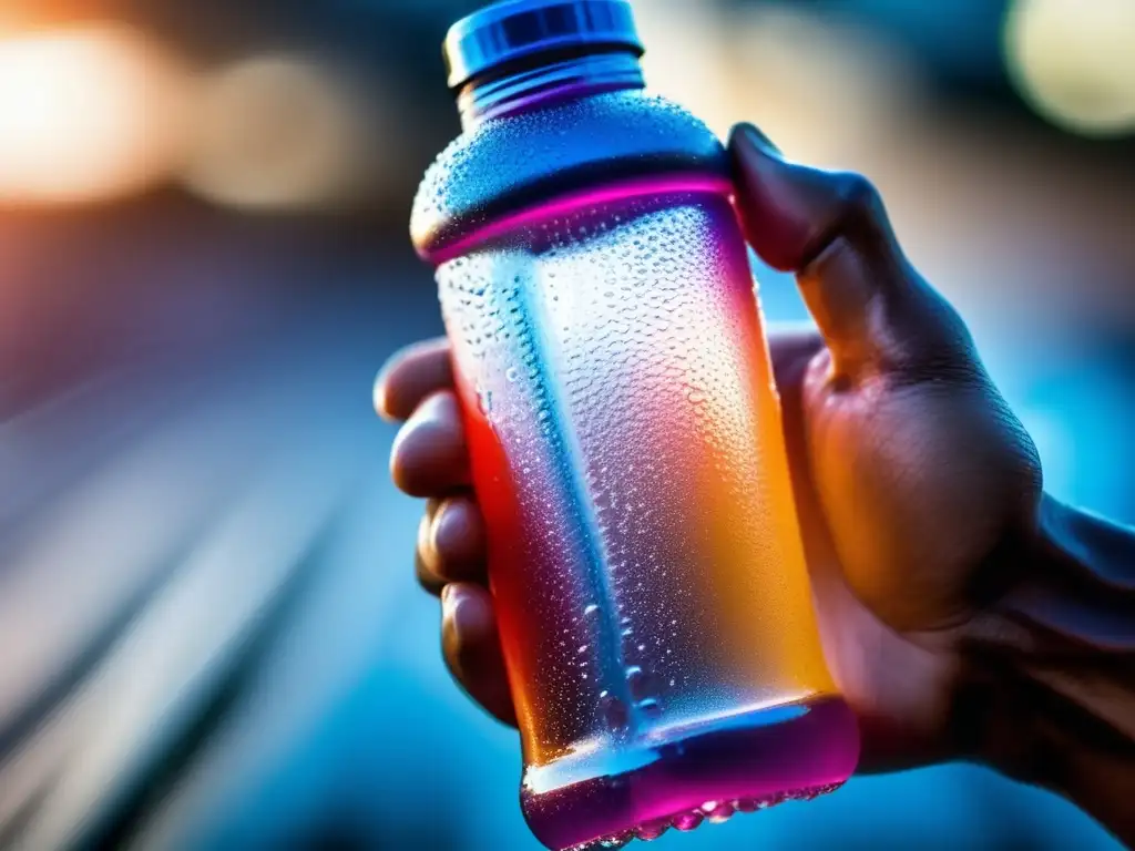 Un atleta sostiene una botella de agua, goteando con sudor y energía, resaltando la importancia de estrategias de consumo líquidos para atletas.